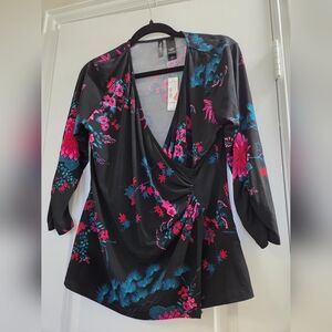 Bisou Bisou Black Floral Wrap Blouse Y2K NWT